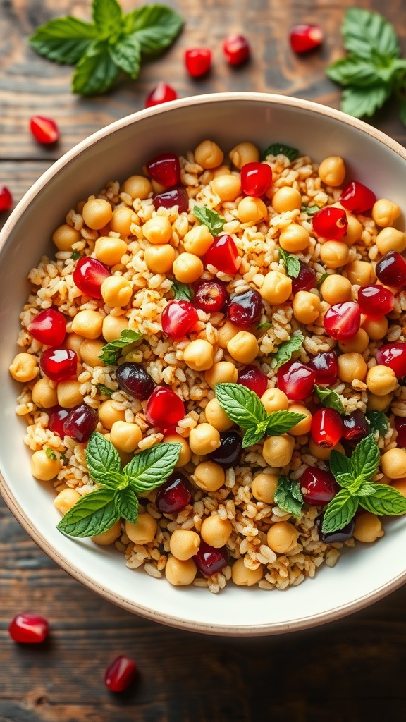 Chickpea and Farro Salad with Pomegranate and Mint Chickpea and Farro Salad with pomegranate seeds and mint in a rustic bowl on a wooden table.